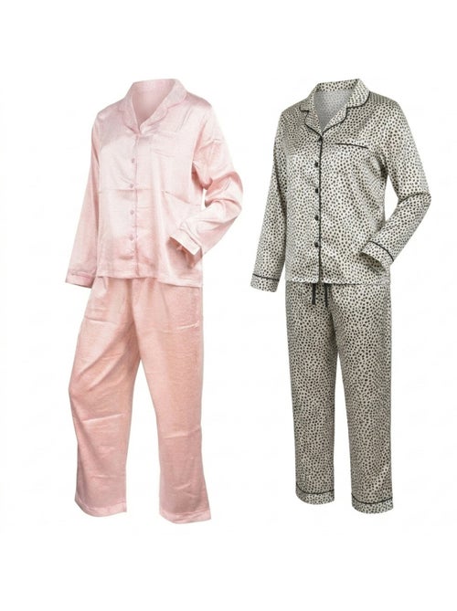 OZABI Pack 2 Pyjamas Femme Longs Satinés Imprimés, Col Chemise - Kiabi OZABI Pack 2 Pyjamas Femme Longs Satinés Imprimés, Col Chemise - Kiabi