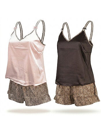 Ozabi pack 2 pyjamas femme satinés, débardeur bretelles léopard, short léopard