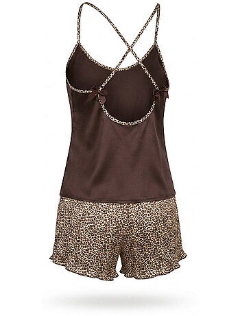 Ozabi pack 2 pyjamas femme satinés, débardeur bretelles léopard, short léopard