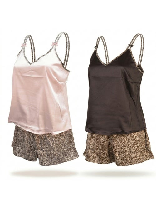 Ozabi pack 2 pyjamas femme satinés, débardeur bretelles léopard, short léopard - Kiabi Ozabi pack 2 pyjamas femme satinés, débardeur bretelles léopard, short léopard - Kiabi