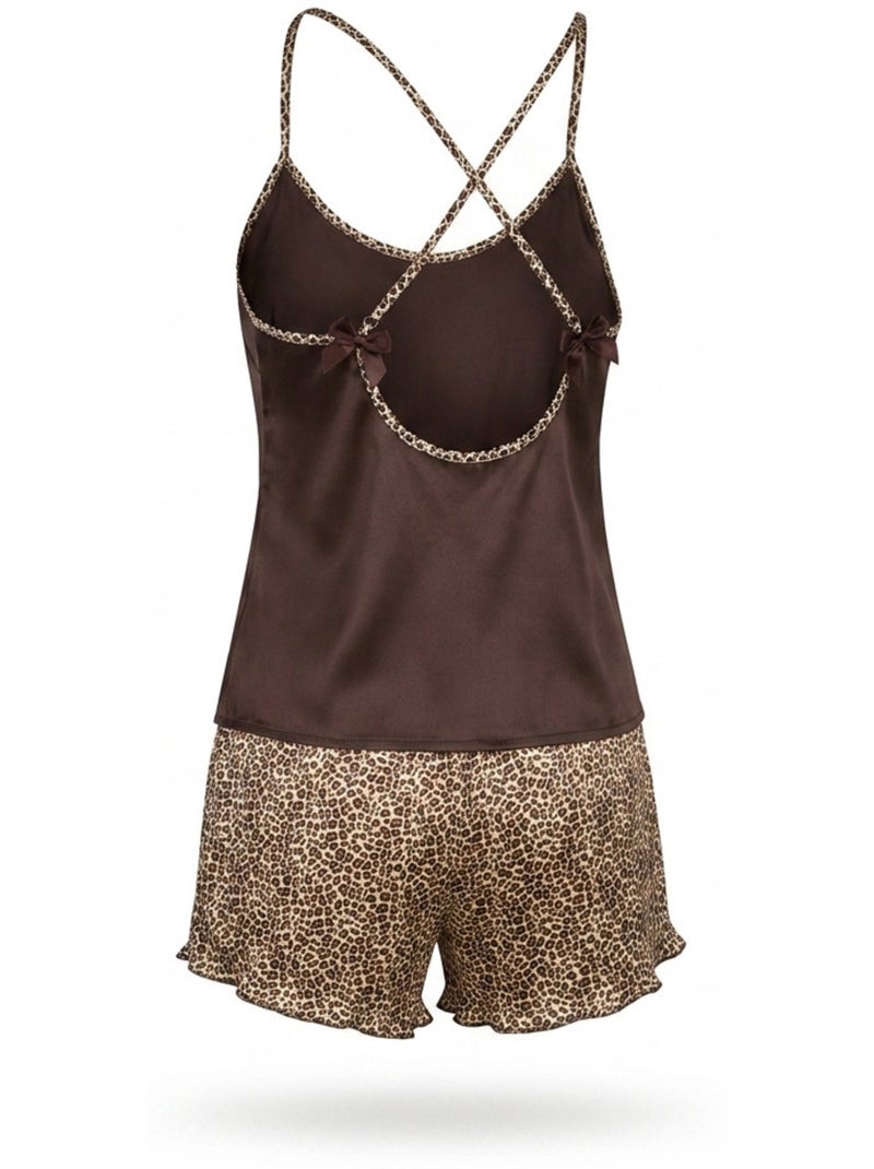 Ozabi pack 2 pyjamas femme satinés, débardeur bretelles léopard, short léopard Noir Rose - Kiabi