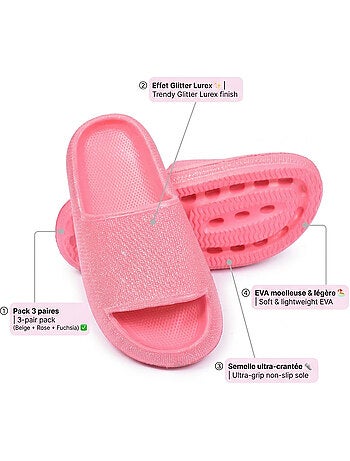 OZABI Pack 3 Claquettes Fille Glitter Paillettes - Beige Rose Fuchsia