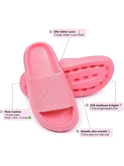 OZABI Pack 3 Claquettes Fille Glitter Paillettes - Beige Rose Fuchsia - Kiabi