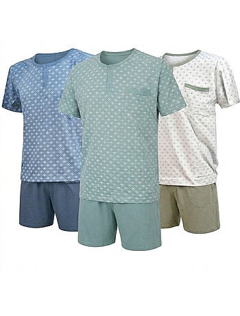 OZABI Pack 3 Pyjamas Courts Homme Coton Majoritaire, Col Bouton