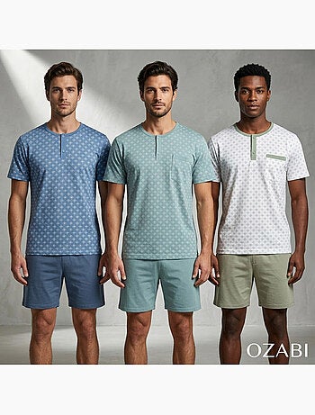 OZABI Pack 3 Pyjamas Courts Homme Coton Majoritaire, Col Bouton