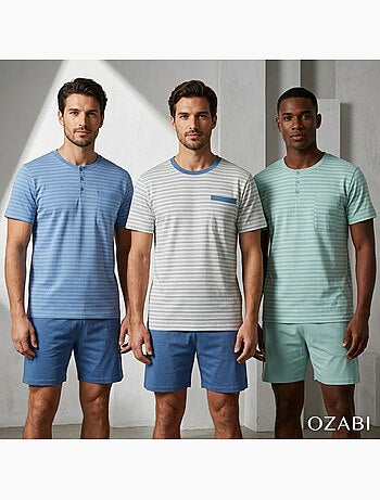 OZABI Pack 3 Pyjamas Courts Homme Coton Majoritaire, Col Bouton