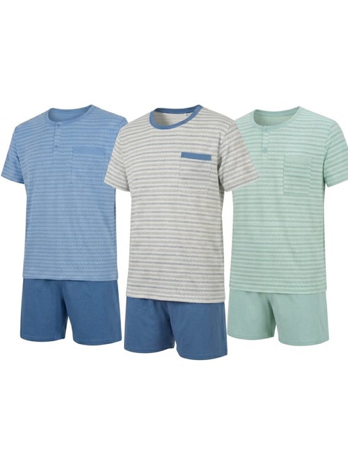 OZABI Pack 3 Pyjamas Courts Homme Coton Majoritaire, Col Bouton - Kiabi OZABI Pack 3 Pyjamas Courts Homme Coton Majoritaire, Col Bouton - Kiabi