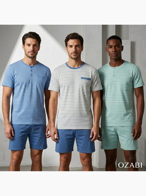 OZABI Pack 3 Pyjamas Courts Homme Coton Majoritaire, Col Bouton - Kiabi OZABI Pack 3 Pyjamas Courts Homme Coton Majoritaire, Col Bouton - Kiabi
