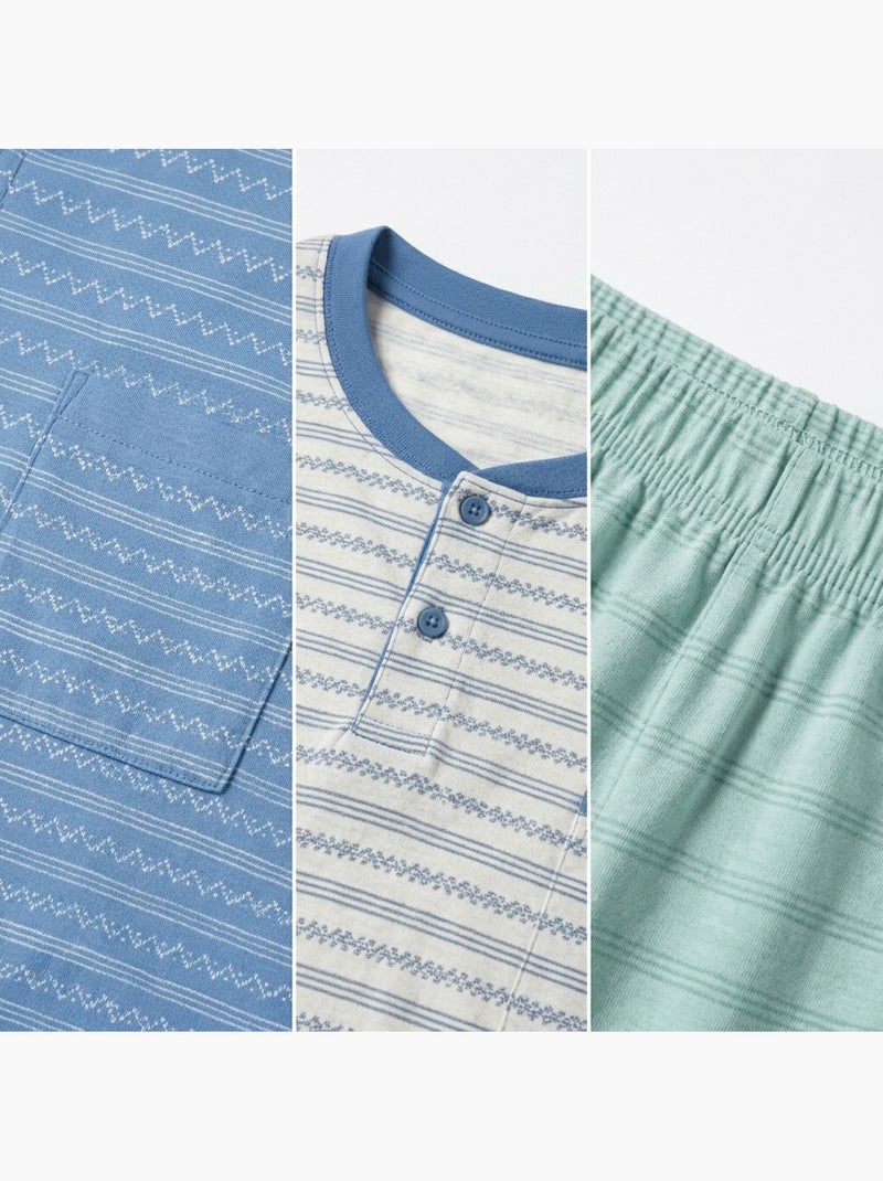 OZABI Pack 3 Pyjamas Courts Homme Coton Majoritaire, Col Bouton Blanc Bleu - Kiabi