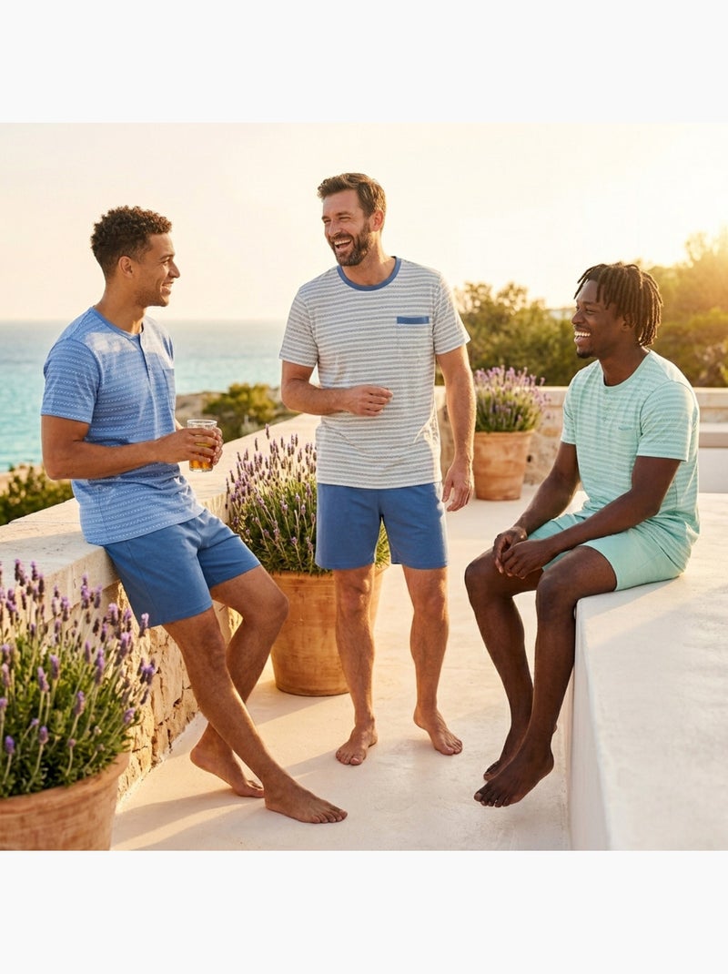 OZABI Pack 3 Pyjamas Courts Homme Coton Majoritaire, Col Bouton Blanc Bleu - Kiabi