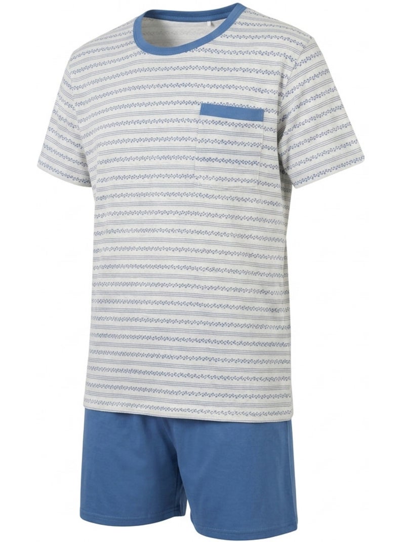OZABI Pack 3 Pyjamas Courts Homme Coton Majoritaire, Col Bouton Blanc Bleu - Kiabi