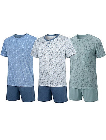 OZABI Pack 3 Pyjamas Courts Homme Coton Majoritaire, Col Bouton