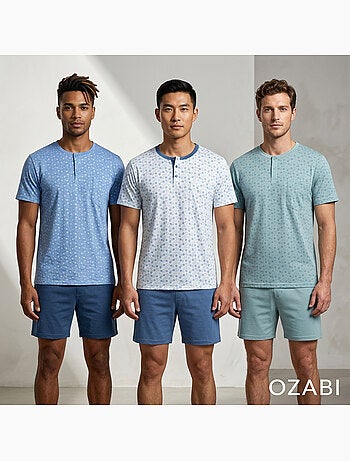 OZABI Pack 3 Pyjamas Courts Homme Coton Majoritaire, Col Bouton