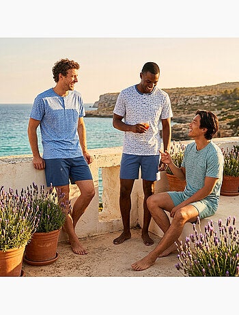 OZABI Pack 3 Pyjamas Courts Homme Coton Majoritaire, Col Bouton