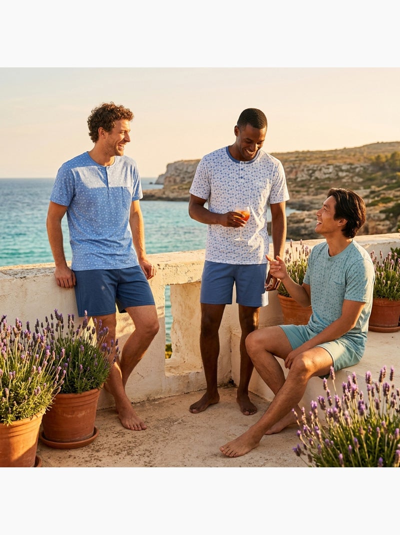 OZABI Pack 3 Pyjamas Courts Homme Coton Majoritaire, Col Bouton Bleu Gris - Kiabi