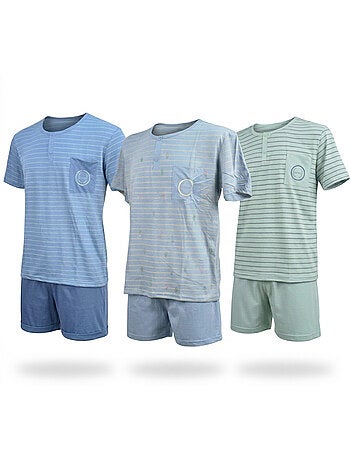 OZABI Pack 3 Pyjamas Courts Homme Coton Majoritaire, Col Bouton