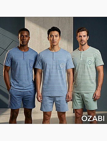 OZABI Pack 3 Pyjamas Courts Homme Coton Majoritaire, Col Bouton