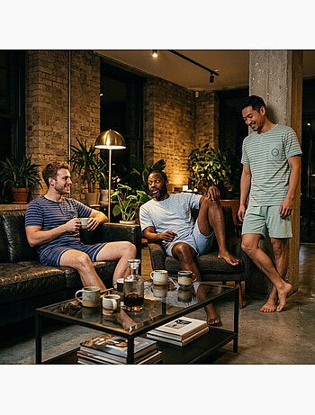 OZABI Pack 3 Pyjamas Courts Homme Coton Majoritaire, Col Bouton