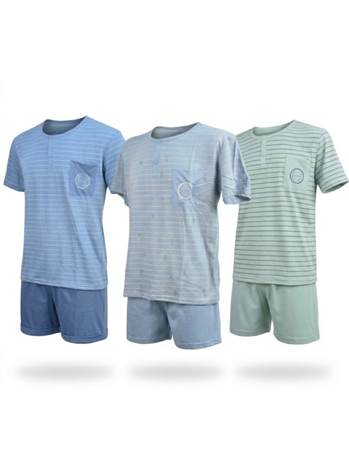 OZABI Pack 3 Pyjamas Courts Homme Coton Majoritaire, Col Bouton - Kiabi