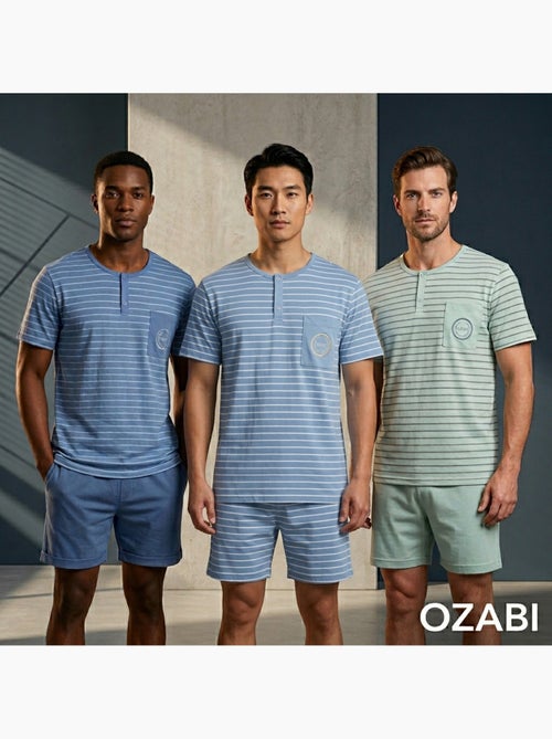 OZABI Pack 3 Pyjamas Courts Homme Coton Majoritaire, Col Bouton - Kiabi