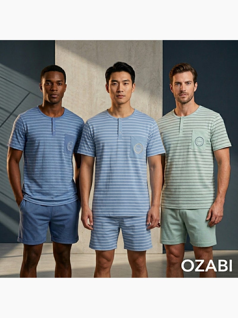 OZABI Pack 3 Pyjamas Courts Homme Coton Majoritaire, Col Bouton Bleu Vert - Kiabi