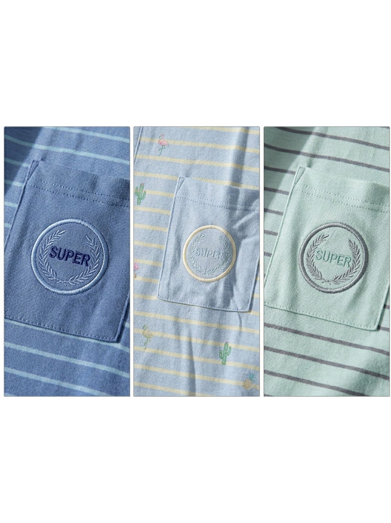 OZABI Pack 3 Pyjamas Courts Homme Coton Majoritaire, Col Bouton Bleu Vert - Kiabi