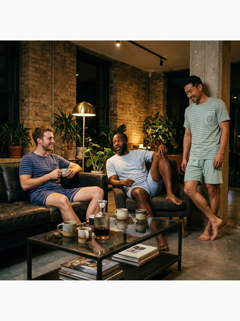 OZABI Pack 3 Pyjamas Courts Homme Coton Majoritaire, Col Bouton Bleu Vert - Kiabi
