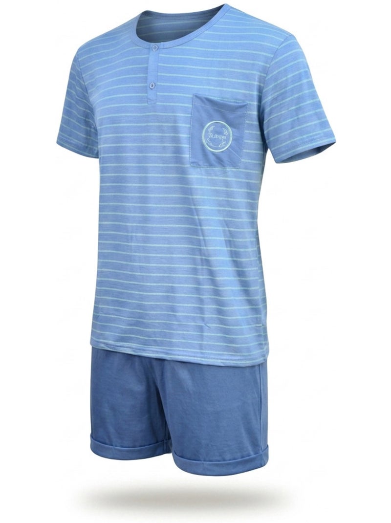 OZABI Pack 3 Pyjamas Courts Homme Coton Majoritaire, Col Bouton Bleu Vert - Kiabi