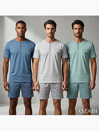OZABI Pack 3 Pyjamas Courts Homme Coton Majoritaire, Col Bouton