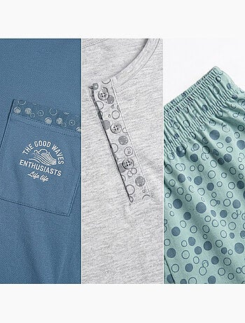 OZABI Pack 3 Pyjamas Courts Homme Coton Majoritaire, Col Bouton