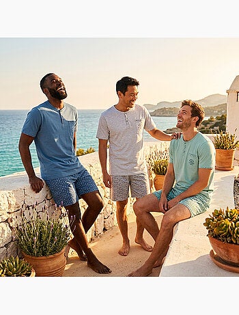 OZABI Pack 3 Pyjamas Courts Homme Coton Majoritaire, Col Bouton