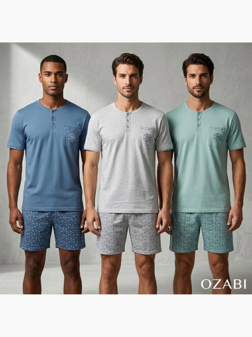 OZABI Pack 3 Pyjamas Courts Homme Coton Majoritaire, Col Bouton - Kiabi OZABI Pack 3 Pyjamas Courts Homme Coton Majoritaire, Col Bouton - Kiabi