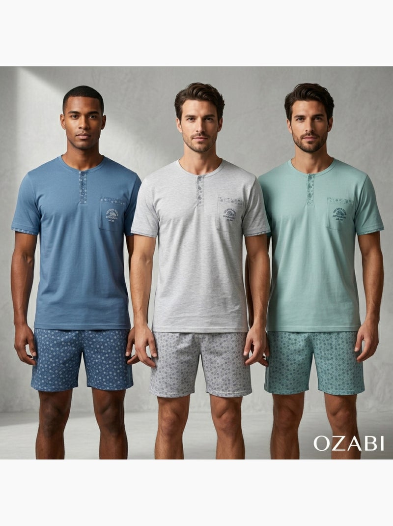 OZABI Pack 3 Pyjamas Courts Homme Coton Majoritaire, Col Bouton Gris Vert - Kiabi