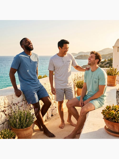 OZABI Pack 3 Pyjamas Courts Homme Coton Majoritaire, Col Bouton - Kiabi OZABI Pack 3 Pyjamas Courts Homme Coton Majoritaire, Col Bouton - Kiabi