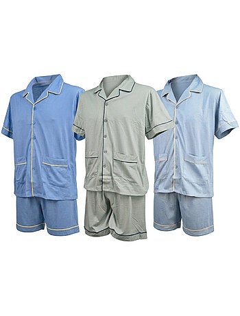 OZABI Pack 3 Pyjamas Courts Homme Coton Majoritaire, Col Chemise Boutonne