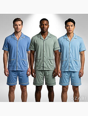 OZABI Pack 3 Pyjamas Courts Homme Coton Majoritaire, Col Chemise Boutonne