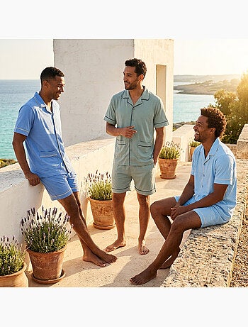 OZABI Pack 3 Pyjamas Courts Homme Coton Majoritaire, Col Chemise Boutonne