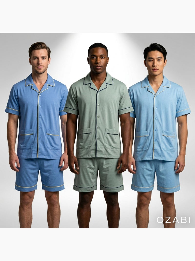 OZABI Pack 3 Pyjamas Courts Homme Coton Majoritaire, Col Chemise Boutonne Bleu Gris - Kiabi