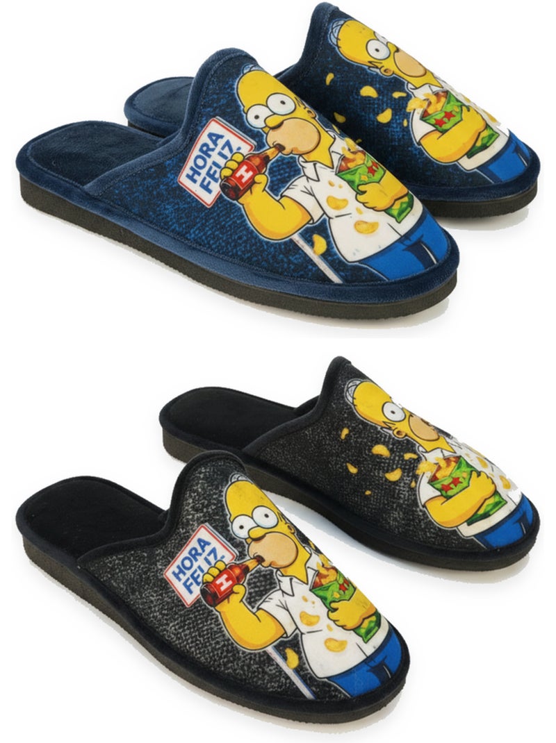 Ozabi pack de 2 paires pantoufles mules homme fantaisie motif dessin animé Bleu Noir - Kiabi