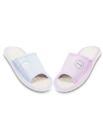 OZABI-Pantoufle Mule Femme Pack 2 Paires Tissu Gaufre Bout Ouvert