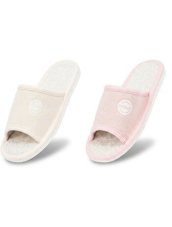 OZABI-Pantoufle Mule Femme Pack 2 Paires Tissu Gaufre Bout Ouvert