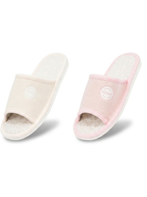 OZABI-Pantoufle Mule Femme Pack 2 Paires Tissu Gaufre Bout Ouvert - Kiabi