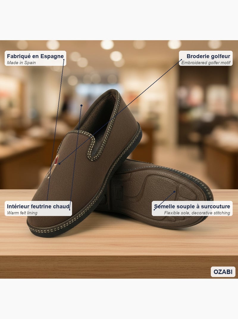Ozabi pantoufles charentaises homme fabriquées en espagne broderie fantaisie Marron - Kiabi