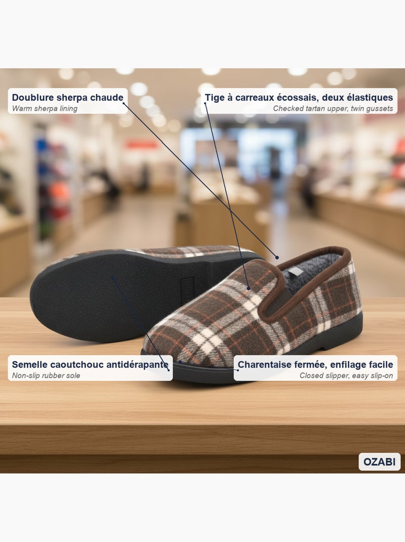 Ozabi pantoufles charentaises homme fourrées carreaux écossais antidérapantes Marron - Kiabi