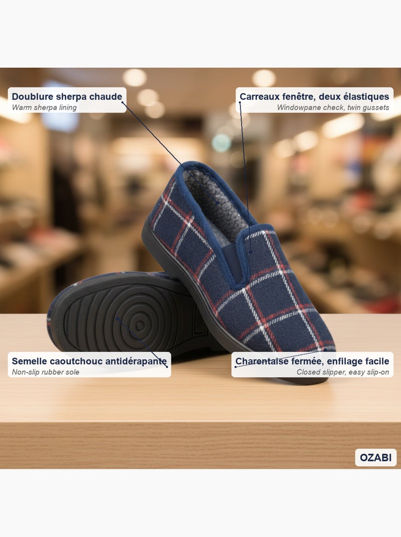 Ozabi pantoufles charentaises homme fourrées carreaux fenêtre antidérapantes Bleu marine - Kiabi