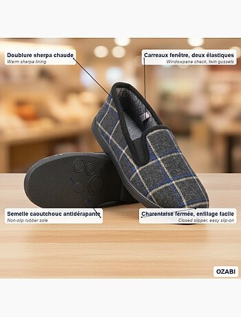 Ozabi pantoufles charentaises homme fourrées carreaux fenêtre antidérapantes