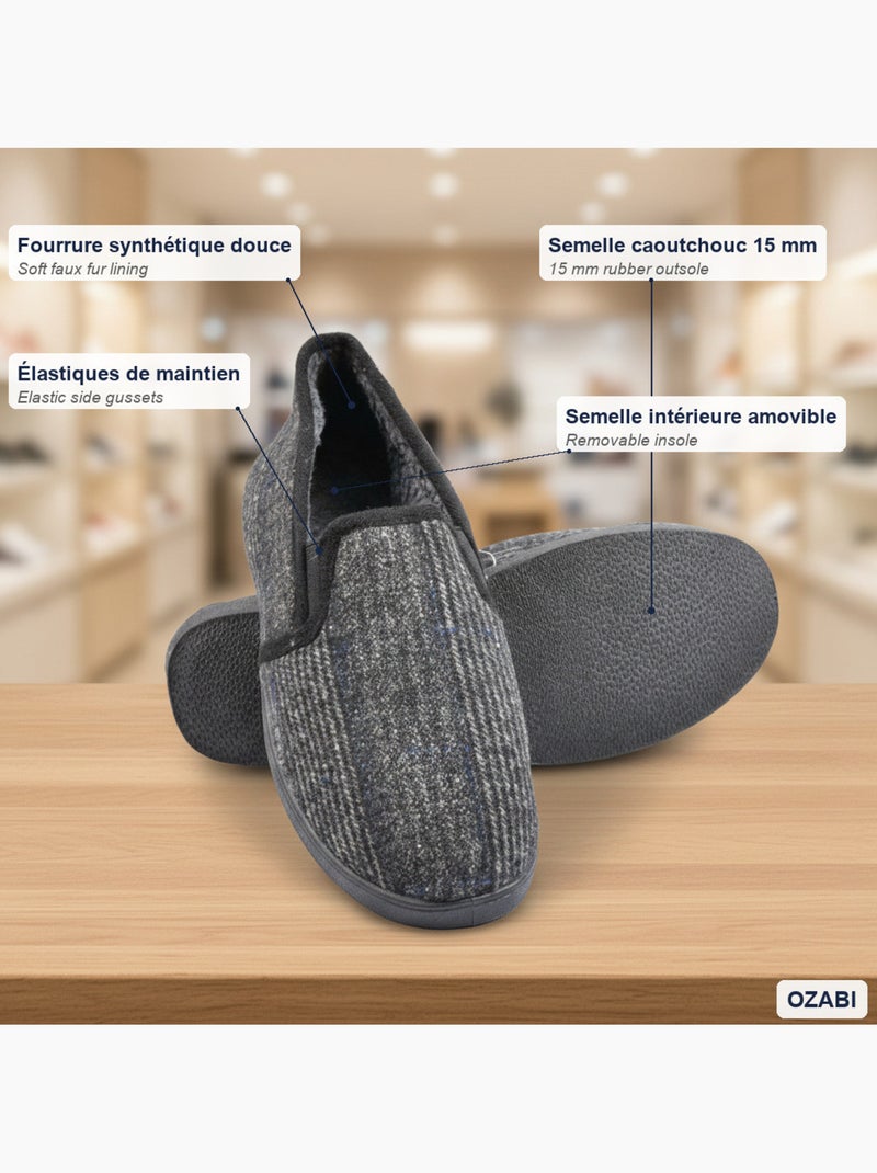 Ozabi pantoufles charentaises homme fourrées, tige textile à carreaux Bleu anthracite - Kiabi