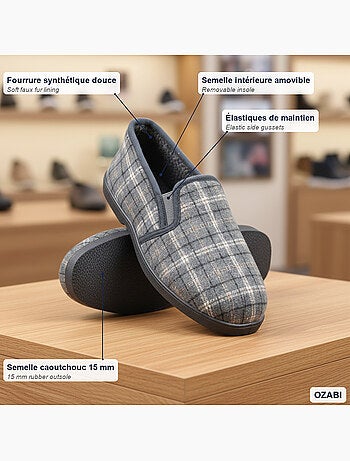 Ozabi pantoufles charentaises homme fourrées, tige textile à carreaux