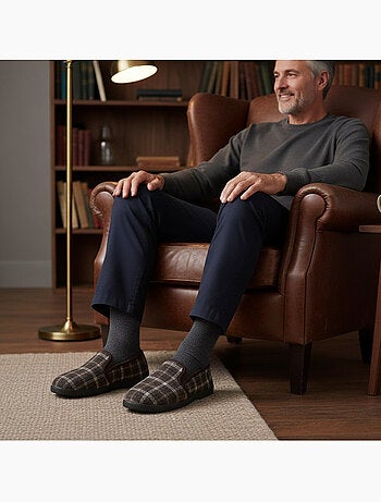 Ozabi pantoufles charentaises homme fourrées, tige textile à carreaux