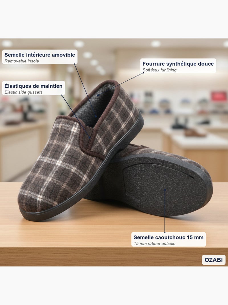 Ozabi pantoufles charentaises homme fourrées, tige textile à carreaux Marron - Kiabi